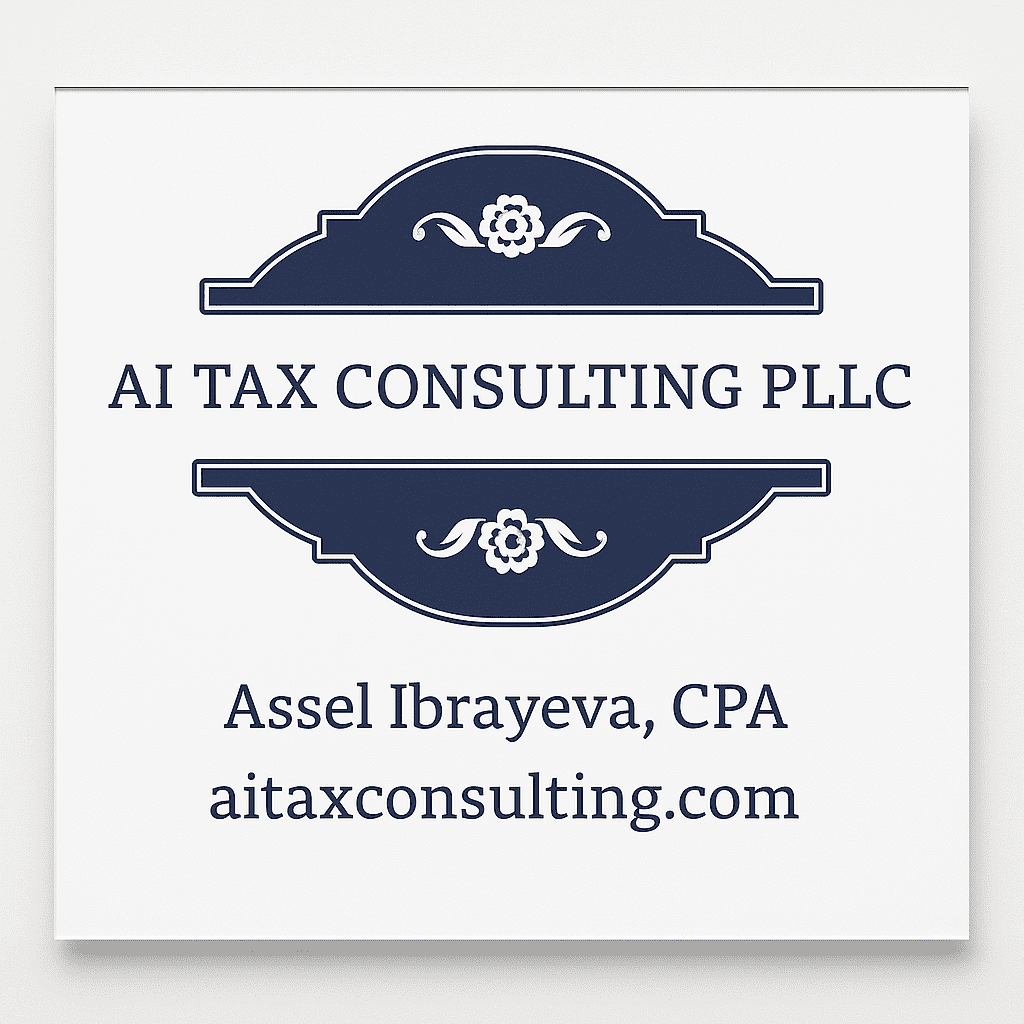 AI TAX CONSULTING PLLC logo with Assel Ibrayeva, CPA branding  AI TAX CONSULTING PLLC | CPA Firm in Northern Virginia
