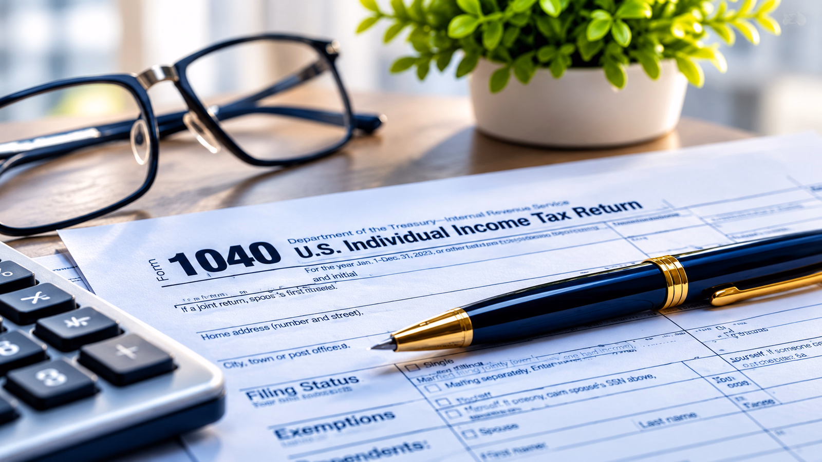 Individual-tax-services - Ai Tax Consulting Pllc | Cpa Firm in Northern Virginia U.S. Form 1040 tax return on a desk with a gold-trim fountain pen, calculator, glasses, and a plant nearby. AI TAX CONSULTING PLLC | CPA Firm in Northern Virginia