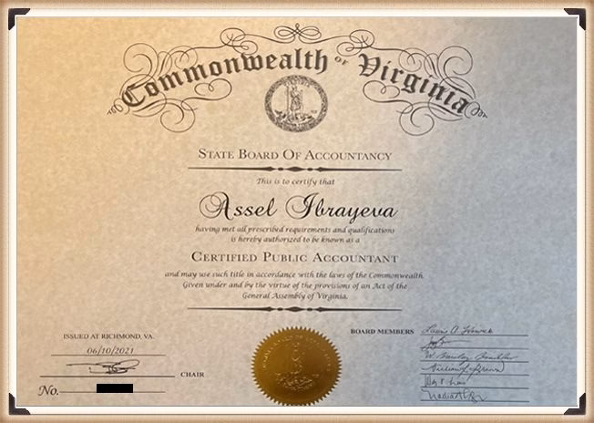 Virginia Cpa Certificate – Assel Ibrayeva - Ai Tax Consulting Pllc | Cpa Firm in Northern Virginia Virginia CPA certificate for Assel Ibrayeva, CPA AI TAX CONSULTING PLLC | CPA Firm in Northern Virginia